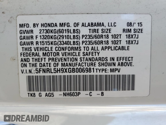 2016 Honda Odyssey Touring Elite with VIN 5FNRL5H9XGB006981, listed as a Copart auction lot 63970385 with 165,164 mi miles and Salvage title. Bid and sale history available at DreamBid. Image 13.