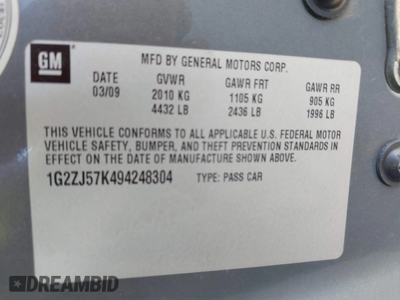 2009 Pontiac G6 1SB z VIN 1G2ZJ57K494248304, wystawiony jako IAAI lot #41649899 z przebiegiem 144 015 mil mil oraz . Historia ofert i sprzedaży dostępna na DreamBid. Obrazek 9.