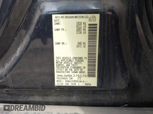2013 Nissan Altima 2.5 S with VIN 1N4AL3AP6DC276170, listed as a IAAI auction lot 42095243 with 185,055 mi miles and . Bid and sale history available at carsss.com. Image 9.