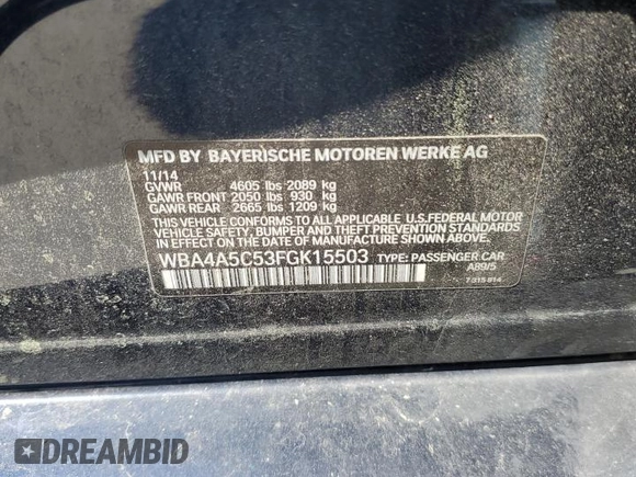 2015 BMW 4 Series 428i with VIN WBA4A5C53FGK15503, listed as a Copart auction lot 49297895 with 125,055 mi miles and Salvage title. Bid and sale history available at DreamBid. Image 14.