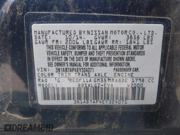 2014 Nissan Sentra SV with VIN 3N1AB7AP4EY324071, listed as a IAAI auction lot 42592981 with 45,921 mi miles and . Bid and sale history available at DreamBid. Image 9.