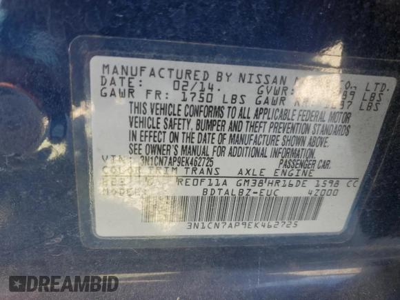 2014 Nissan Versa S with VIN 3N1CN7AP9EK462725, listed as a Copart auction lot 46330555 with 178,963 mi miles and Salvage Title. Bid and sale history available at carsss.com. Image 12.