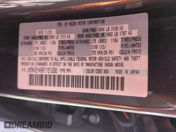 2024 Mazda CX-90 Premium Plus with VIN JM3KKEHA6R1151288, listed as a Copart auction lot 53040705 with 12,232 mi miles and Salvage title. Bid and sale history available at DreamBid. Image 15.