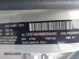 2021 Alfa Romeo Giulia z VIN ZARFAMAN6M7645490, wystawiony jako IAAI lot #42165037 z przebiegiem 57 701 mil mil oraz . Historia ofert i sprzedaży dostępna na DreamBid. Obrazek 9.