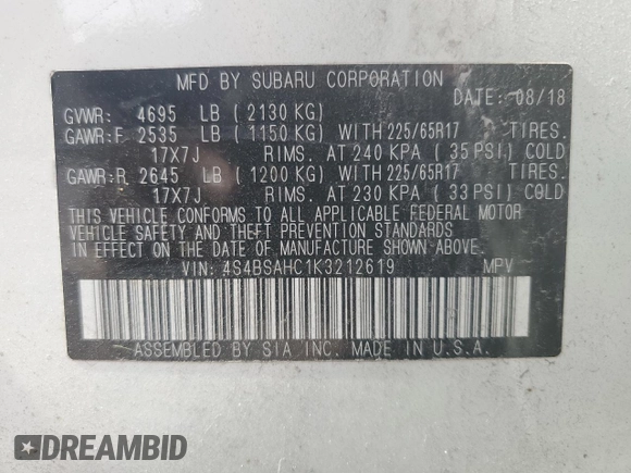 2019 Subaru Outback Premium with VIN 4S4BSAHC1K3212619, listed as a Copart auction lot 60417485 with 29,352 mi miles and Salvage title. Bid and sale history available at DreamBid. Image 13.