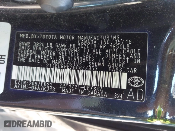 2016 Toyota Corolla L with VIN 2T1BURHE7GC677953, listed as a IAAI auction lot 42558054 with 68,428 mi miles and . Bid and sale history available at DreamBid. Image 9.