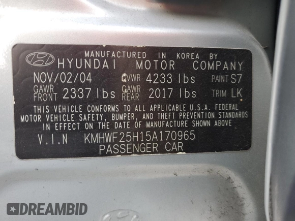2005 Hyundai Sonata GL with VIN KMHWF25H15A170965, listed as a Copart auction lot 82664054 with 69,962 mi miles and Salvage Title. Bid and sale history available at carsss.com. Image 12.
