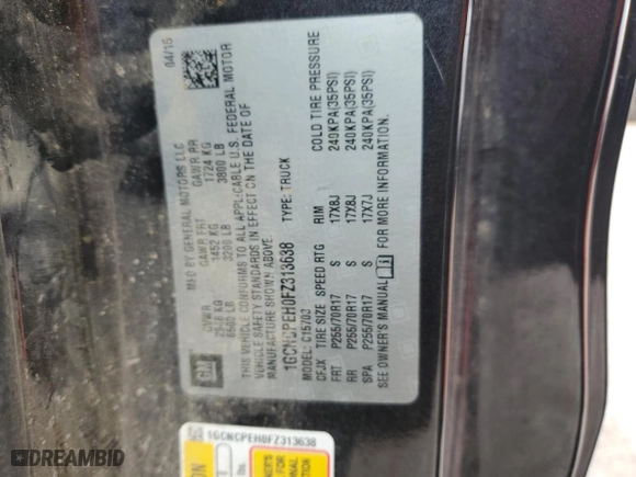2015 Chevrolet Silverado 1500 Work Truck with VIN 1GCNCPEH0FZ313638, listed as a Copart auction lot 45659565 with 143,760 mi miles and Salvage Title. Bid and sale history available at carsss.com. Image 13.