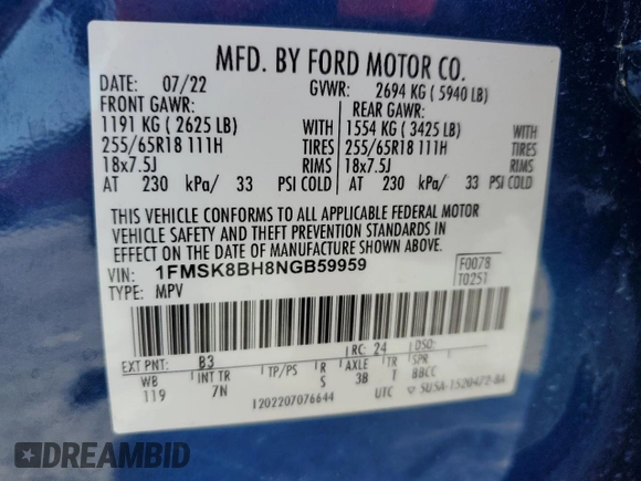 2022 Ford Explorer with VIN 1FMSK8BH8NGB59959, listed as a Copart auction lot 64299215 with 28,539 mi miles and Clean title. Bid and sale history available at DreamBid. Image 14.