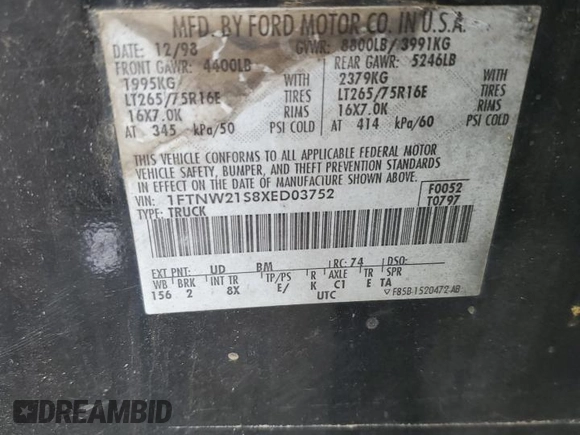 1999 Ford Super Duty F-250 XL with VIN 1FTNW21S8XED03752, listed as a Copart auction lot 70367694 with 350,640 mi miles and Salvage Title. Bid and sale history available at carsss.com. Image 12.