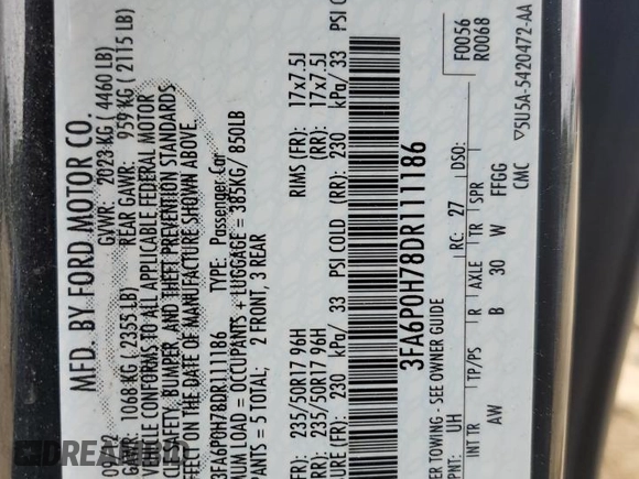 2013 Ford Fusion SE with VIN 3FA6P0H78DR111186, listed as a Copart auction lot 52807135 with 134,436 mi miles and Salvage Title. Bid and sale history available at carsss.com. Image 12.