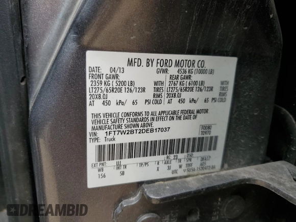 2013 Ford F-250 XL with VIN 1FT7W2BT2DEB17037, listed as a Copart auction lot 55034605 with 225,229 mi miles and Salvage title. Bid and sale history available at DreamBid. Image 12.