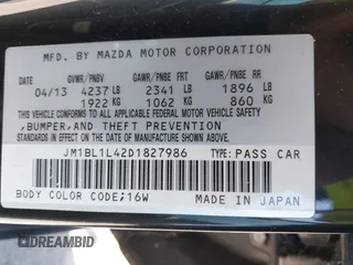 2013 Mazda 3 Mazdaspeed3 Touring with VIN JM1BL1L42D1827986, listed as a IAAI auction lot 42143327 with 186,436 mi miles and . Bid and sale history available at DreamBid. Image 9.