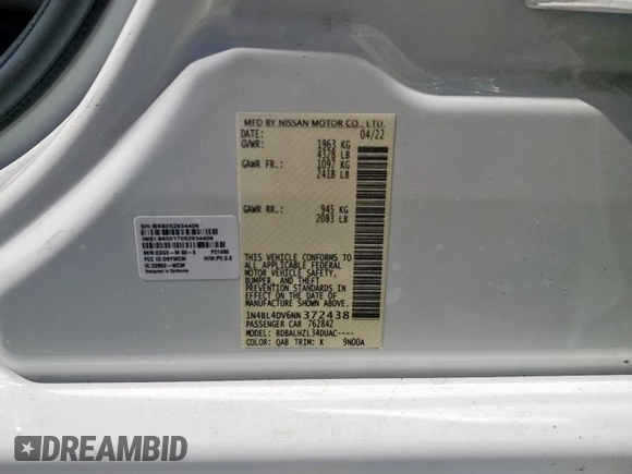 2022 Nissan Altima SV z VIN 1N4BL4DV6NN372438, wystawiony jako Copart lot #49679245 z przebiegiem 47 279 mil mil oraz Szkoda całkowita • Salvage title. Historia ofert i sprzedaży dostępna na DreamBid. Obrazek 12.