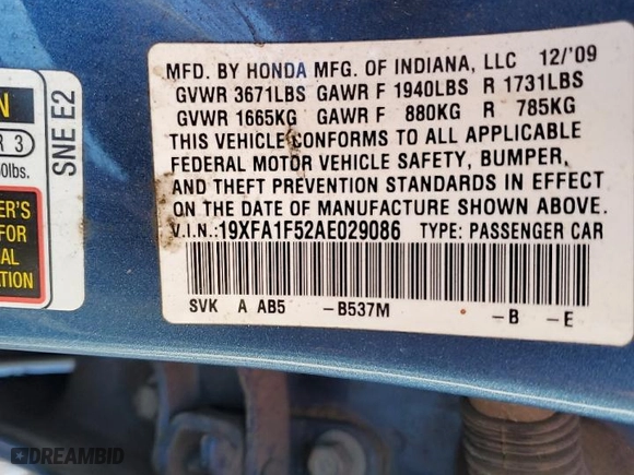 2010 Honda Civic Sdn LX with VIN 19XFA1F52AE029086, listed as a Copart auction lot 82656324 with 177,170 mi miles and Salvage Title. Bid and sale history available at carsss.com. Image 12.