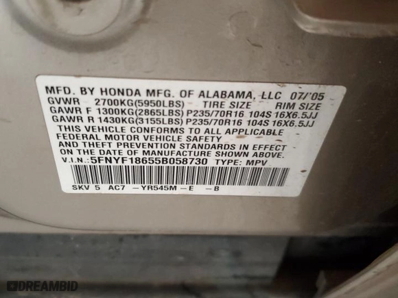 2005 Honda Pilot EX-L with RES with VIN 5FNYF18655B058730, listed as a Copart auction lot 47316485 with 208,328 mi miles and Salvage Title. Bid and sale history available at carsss.com. Image 13.