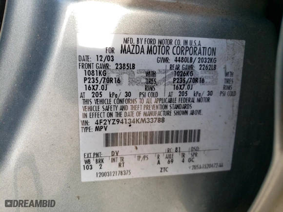 2004 Mazda Tribute LX with VIN 4F2YZ94134KM33788, listed as a Copart auction lot 72655784 with 259,397 mi miles and Salvage Title. Bid and sale history available at carsss.com. Image 14.