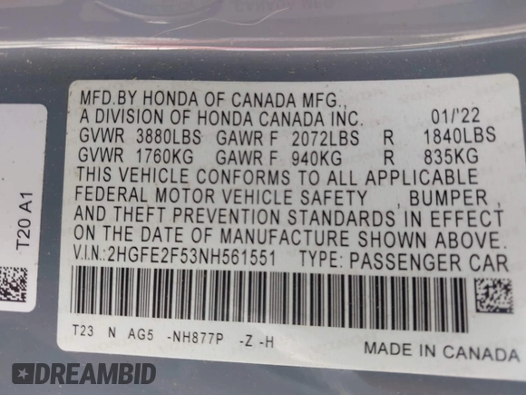 2022 Honda Civic Sport with VIN 2HGFE2F53NH561551, listed as a IAAI auction lot 41865892 with 24,011 mi miles and . Bid and sale history available at carsss.com. Image 9.