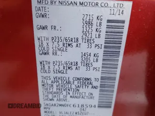 2015 Nissan Pathfinder SL with VIN 5N1AR2MN0FC618594, listed as a Copart auction lot 52500135 with 140,200 mi miles and Clean title. Bid and sale history available at DreamBid. Image 13.
