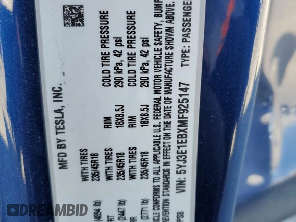 2021 Tesla Model 3 Long Range with VIN 5YJ3E1EBXMF925147, listed as a Copart auction lot 49741275 with 106,947 mi miles and Salvage Title. Bid and sale history available at DreamBid. Image 12.