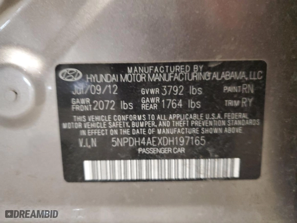 2013 Hyundai Elantra Limited PZEV with VIN 5NPDH4AEXDH197165, listed as a Copart auction lot 50725795 with 154,868 mi miles and Salvage Title. Bid and sale history available at carsss.com. Image 14.
