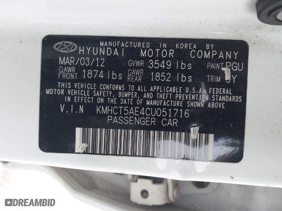 2012 Hyundai Accent GS with VIN KMHCT5AE4CU051716, listed as a IAAI auction lot 41692287 with 173,861 mi miles. Bid and sale history available at carsss.com. Image 9.