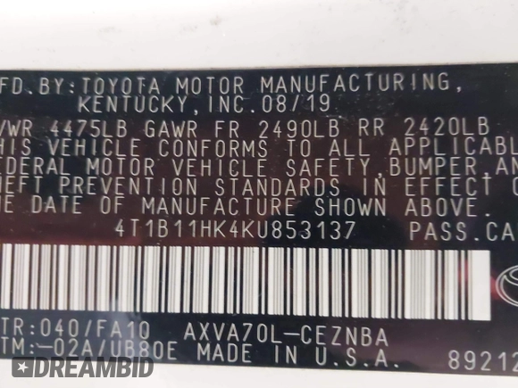 2019 Toyota Camry LE with VIN 4T1B11HK4KU853137, listed as a IAAI auction lot 41633785 with 67,629 mi miles and . Bid and sale history available at DreamBid. Image 9.
