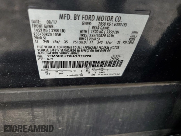 2017 Ford Explorer Platinum с VIN 1FM5K8HT8HGD79728, выставлен на аукционе Copart как лот 54225335 с пробегом 108 409 миль миль и Списание • Salvage title. История ставок и продаж доступна на DreamBid. Изображение 13.