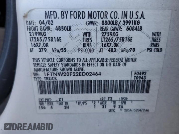 2002 Ford F-250 XL with VIN 1FTNW20F22ED02464, listed as a Copart auction lot 55028785 with Not provided miles and Salvage title. Bid and sale history available at DreamBid. Image 12.
