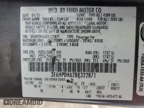 2011 Ford Fusion SE with VIN 3FAHP0HA2BR322871, listed as a Copart auction lot 46828735 with 188,839 mi miles and Non Repairable. Bid and sale history available at DreamBid. Image 14.