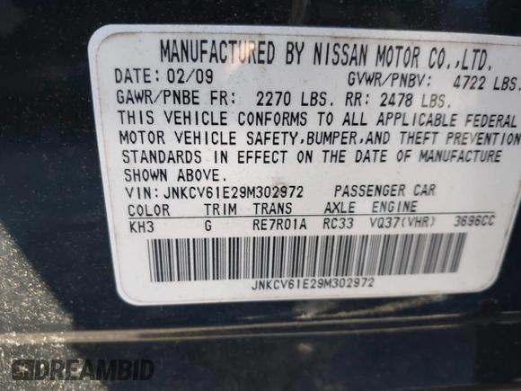2009 Infiniti G37 Journey with VIN JNKCV61E29M302972, listed as a IAAI auction lot 41604691 with Not Provided miles and . Bid and sale history available at DreamBid. Image 9.