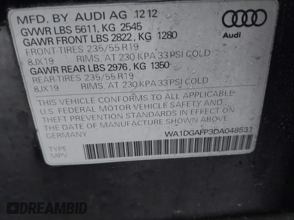 2013 Audi Q5 Premium Plus with VIN WA1DGAFP3DA048531, listed as a IAAI auction lot 41953069 with 153,973 mi miles and . Bid and sale history available at DreamBid. Image 9.