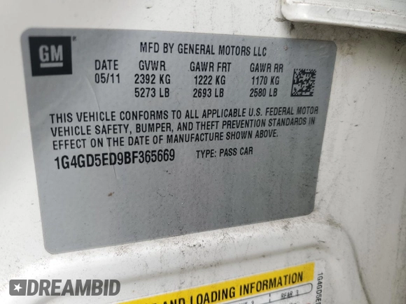 2011 Buick LaCrosse CXL with VIN 1G4GD5ED9BF365669, listed as a Copart auction lot 48482815 with Not provided miles and Clean title. Bid and sale history available at DreamBid. Image 12.