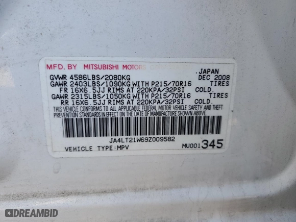 2009 Mitsubishi Outlander ES with VIN JA4LT21W69Z009582, listed as a Copart auction lot 50146585 with 60,502 mi miles and Salvage Title. Bid and sale history available at carsss.com. Image 15.