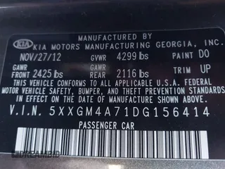 2013 Kia Optima LX with VIN 5XXGM4A71DG156414, listed as a IAAI auction lot 40946815 with 60,278 mi miles. Bid and sale history available at carsss.com. Image 9.