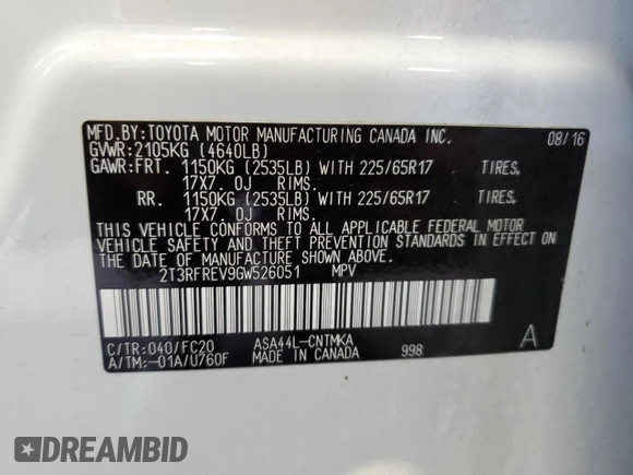 2016 Toyota RAV4 XLE with VIN 2T3RFREV9GW526051, listed as a Copart auction lot 61789185 with 83,605 mi miles and Non repairable. Bid and sale history available at DreamBid. Image 13.