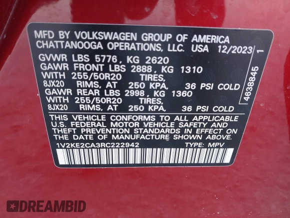2024 Volkswagen Atlas SE with VIN 1V2KE2CA3RC222942, listed as a IAAI auction lot 41282255 with 16,001 mi miles and . Bid and sale history available at DreamBid. Image 9.