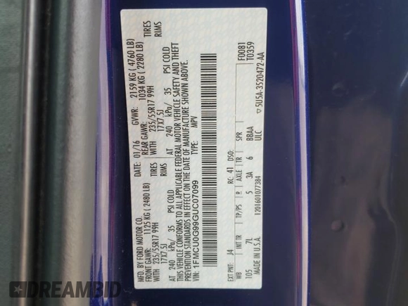 2016 Ford Escape SE z VIN 1FMCU0G99GUC07099, wystawiony jako Copart lot #54575115 z przebiegiem 86 623 mil mil oraz Szkoda całkowita • Salvage title. Historia ofert i sprzedaży dostępna na DreamBid. Obrazek 12.