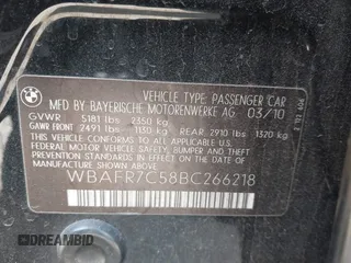 2011 BMW 5 Series 535i with VIN WBAFR7C58BC266218, listed as a IAAI auction lot 42116669 with 217,150 mi miles and . Bid and sale history available at carsss.com. Image 9.