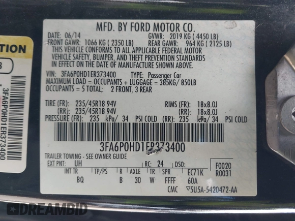 2014 Ford Fusion SE with VIN 3FA6P0HD1ER373400, listed as a IAAI auction lot 42046660 with 191,621 mi miles and . Bid and sale history available at DreamBid. Image 9.