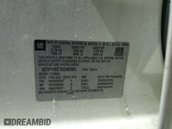 2014 GMC Sierra 1500 SLT with VIN 3GTP1VEC7EG485851, listed as a Copart auction lot 52420915 with 209,806 mi miles and Salvage title. Bid and sale history available at DreamBid. Image 12.