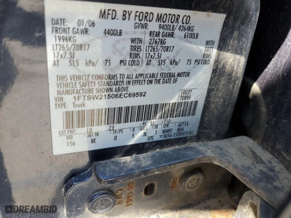 2006 Ford Super Duty F-250 XL with VIN 1FTSW21506EC69592, listed as a Copart auction lot 75956804 with 157,954 mi miles and Salvage Title. Bid and sale history available at carsss.com. Image 12.
