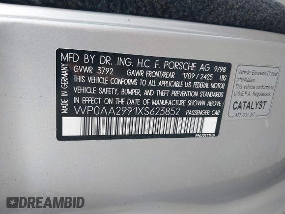 1999 Porsche 911 with VIN WP0AA2991XS623852, listed as a IAAI auction lot 42207441 with 100,548 mi miles and . Bid and sale history available at DreamBid. Image 9.