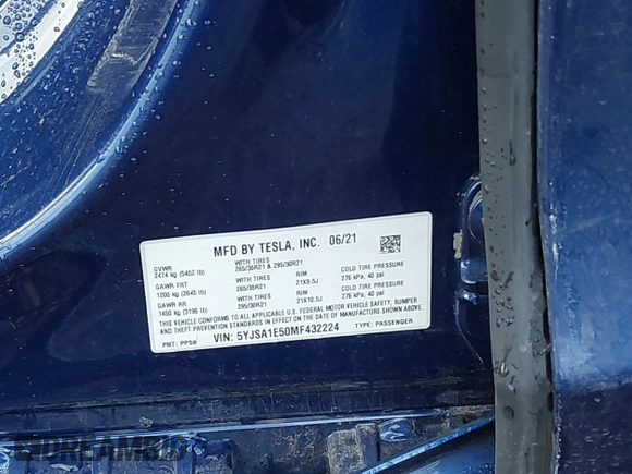 2021 Tesla Model S Long Range with VIN 5YJSA1E50MF432224, listed as a IAAI auction lot 41417130 with Not provided miles and . Bid and sale history available at DreamBid. Image 9.