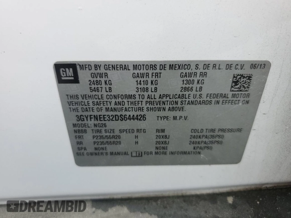 2013 Cadillac SRX Premium Collection with VIN 3GYFNEE32DS644426, listed as a Copart auction lot 59775625 with 106,240 mi miles and Salvage title. Bid and sale history available at DreamBid. Image 13.
