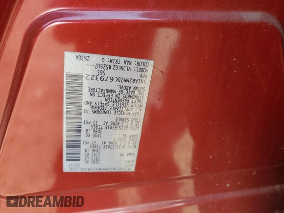 2013 Nissan Pathfinder SL with VIN 5N1AR2MM2DC679322, listed as a Copart auction lot 54982035 with Not provided miles and Salvage title. Bid and sale history available at DreamBid. Image 13.