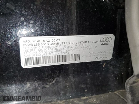 2009 Audi A6 Prestige with VIN WAUWG74F29N060792, listed as a Copart auction lot 61098905 with 175,960 mi miles and Salvage title. Bid and sale history available at DreamBid. Image 12.
