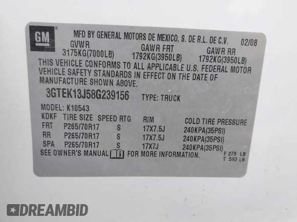 2008 GMC Sierra 1500 SLE1 with VIN 3GTEK13J58G239156, listed as a IAAI auction lot 41557143 with 173,171 mi miles. Bid and sale history available at carsss.com. Image 9.
