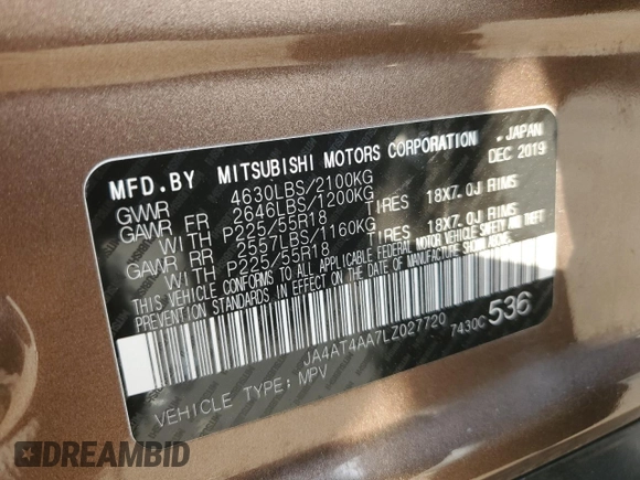 2020 Mitsubishi Eclipse Cross LE with VIN JA4AT4AA7LZ027720, listed as a Copart auction lot 48547504 with 52,089 mi miles and Salvage title. Bid and sale history available at DreamBid. Image 14.