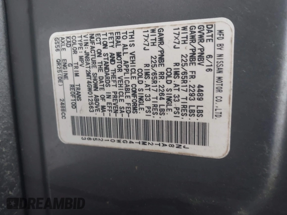 2016 Nissan Rogue SV with VIN JN8AT2MT4GW012563, listed as a IAAI auction lot 41875421 with 127,951 mi miles and . Bid and sale history available at carsss.com. Image 9.